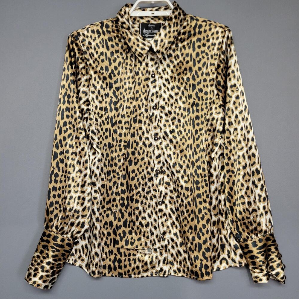 Dennis Basso Signature Top Womens Large Leopard Satin Buttons Long Sleeves Tie